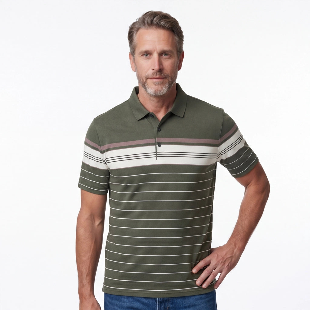 Army Green Harrison Striped Cotton Polo 3