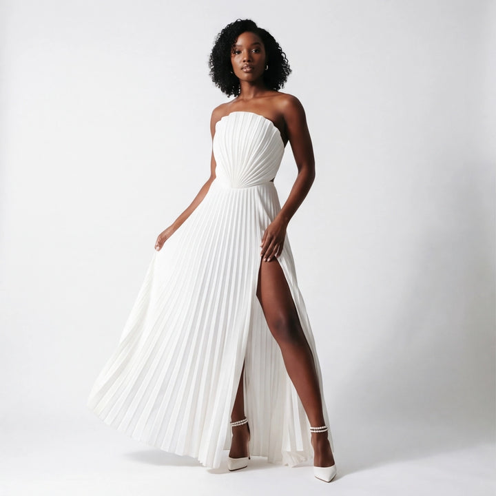 white Elena Pleated Maxi Dress 1