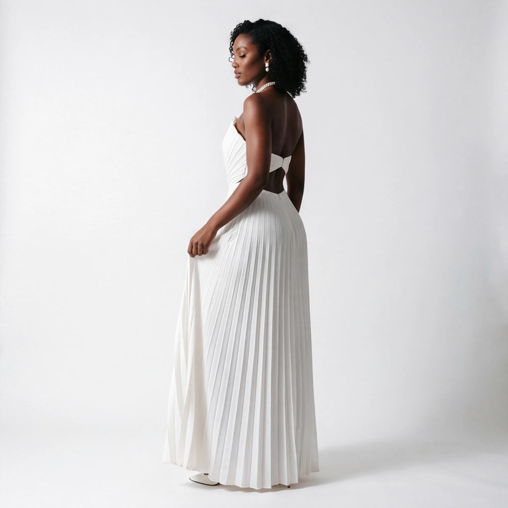 white Elena Pleated Maxi Dress 3
