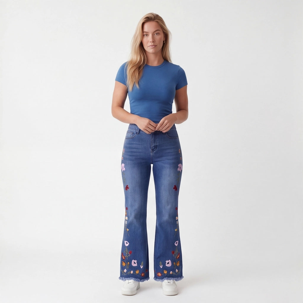 Blue PENGYI Embroidered Cotton Flare Jeans 2