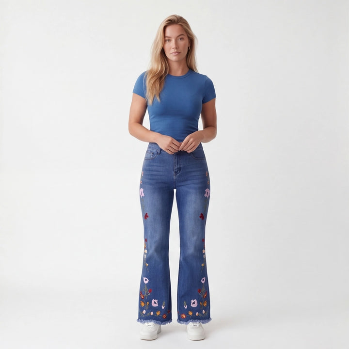 Blue PENGYI Embroidered Cotton Flare Jeans 2