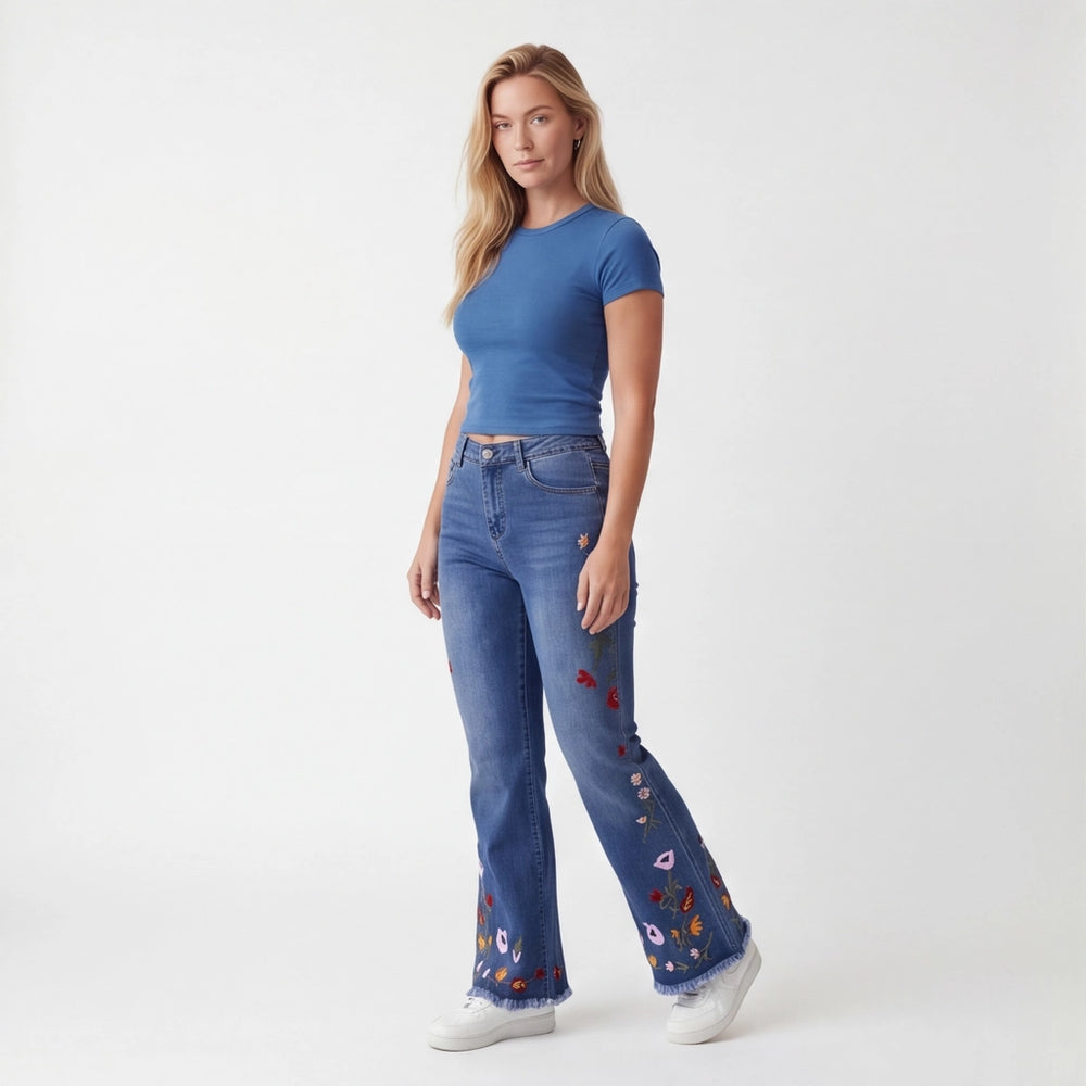 Blue PENGYI Embroidered Cotton Flare Jeans 1