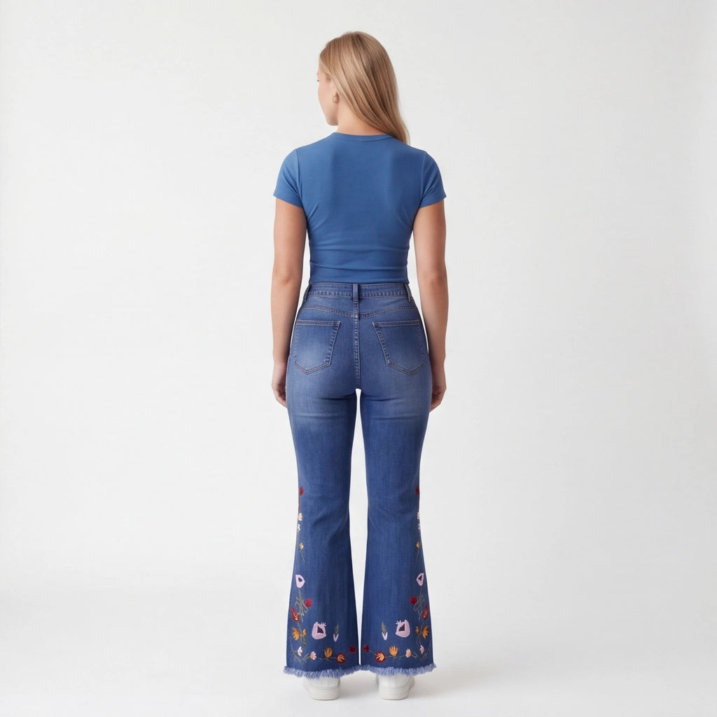 Blue PENGYI Embroidered Cotton Flare Jeans 3
