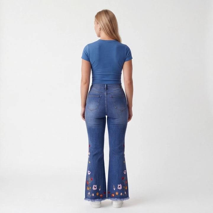 Blue PENGYI Embroidered Cotton Flare Jeans 3