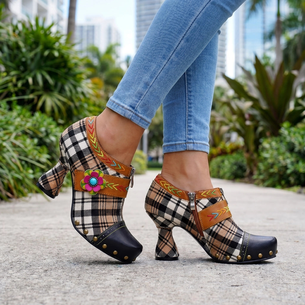 Brown Eliza Sheepskin Plaid Heels 1