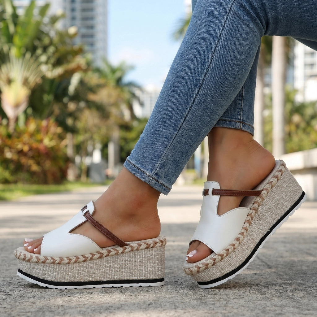 Cream Sloane Woven Platform Slides 1