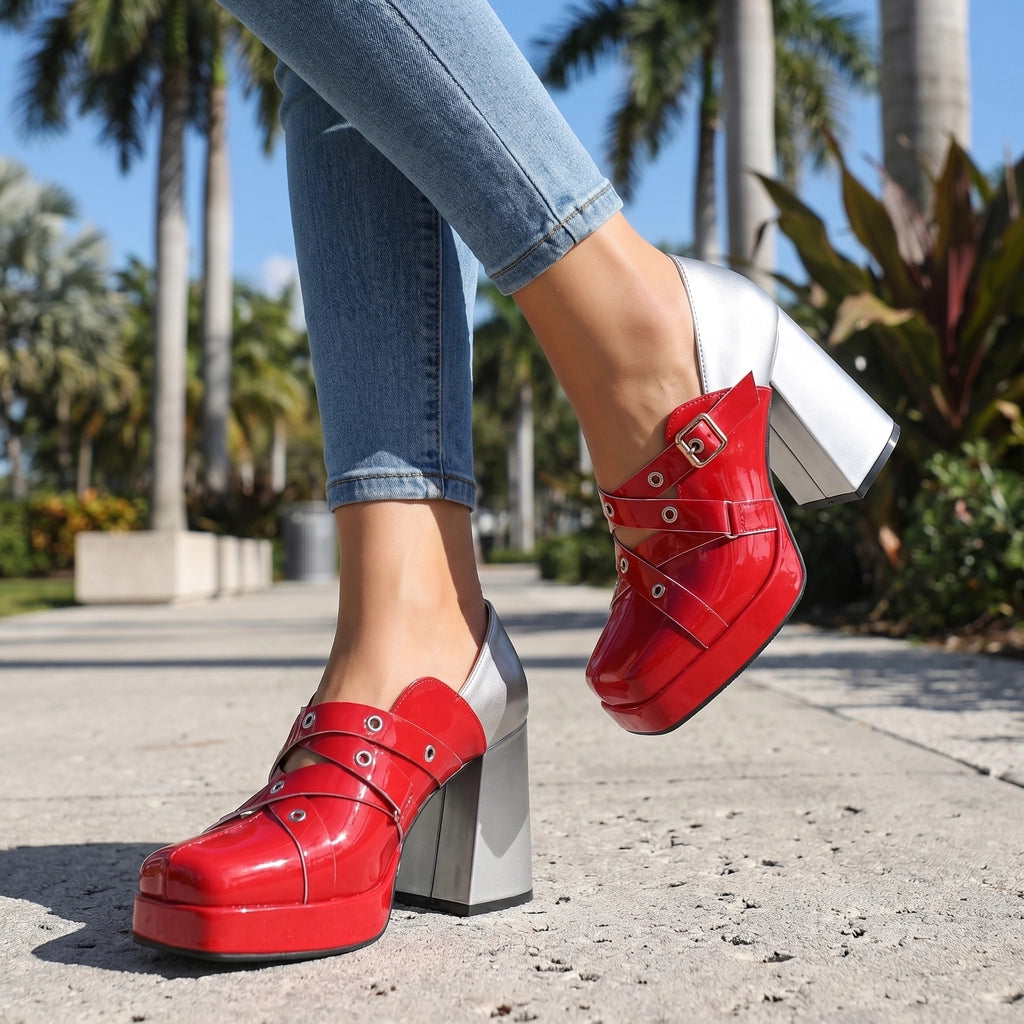 Red Eliza Rose Block Heels 1