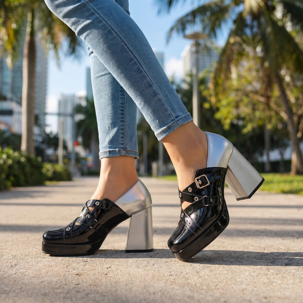 Black Eliza Rose Block Heels 1