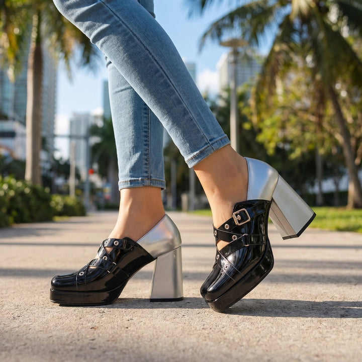 Black Eliza Rose Block Heels 1