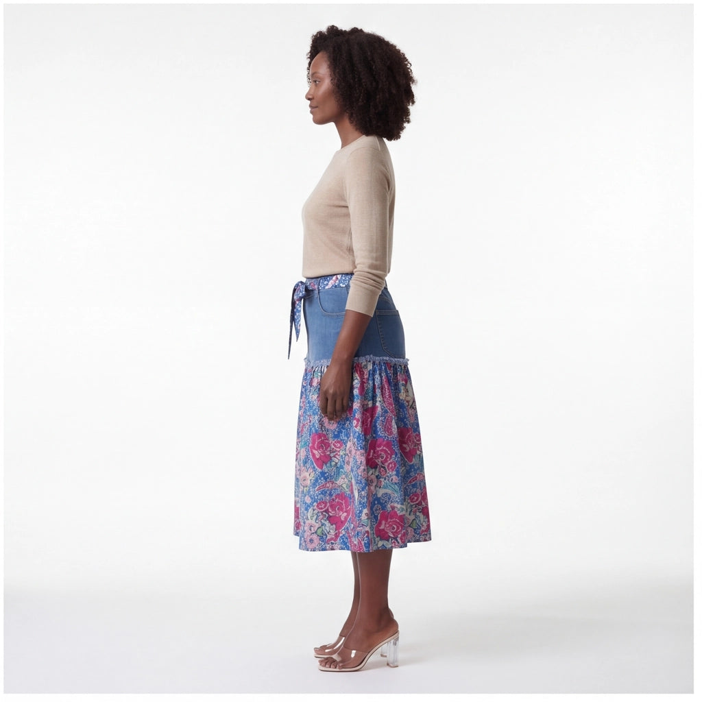7124 Blue Elara Denim Floral Skirt 6