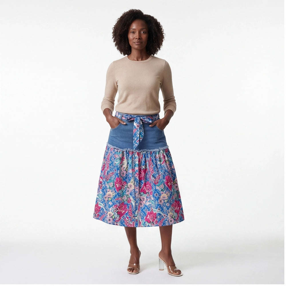 7124 Blue Elara Denim Floral Skirt 4