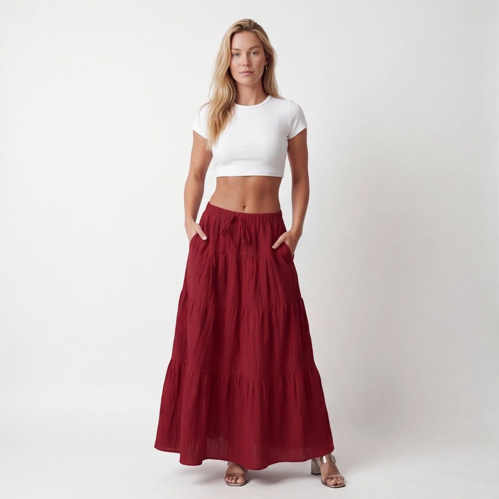Wine Red Elena Tie-Waist Maxi Skirt 3