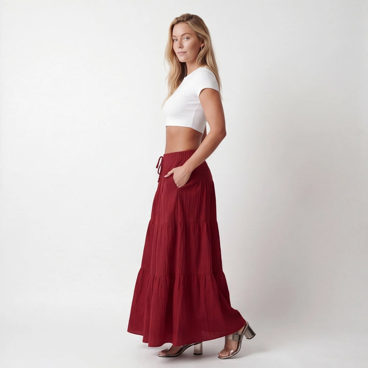 Wine Red Elena Tie-Waist Maxi Skirt 4