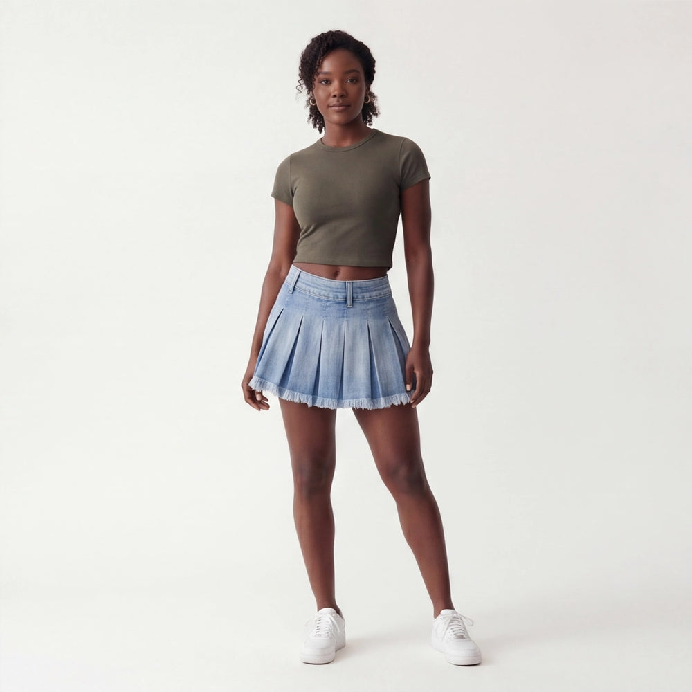 Blue Sasha Denim Pleated Mini 4