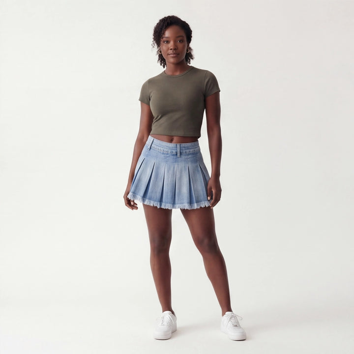Blue Sasha Denim Pleated Mini 4