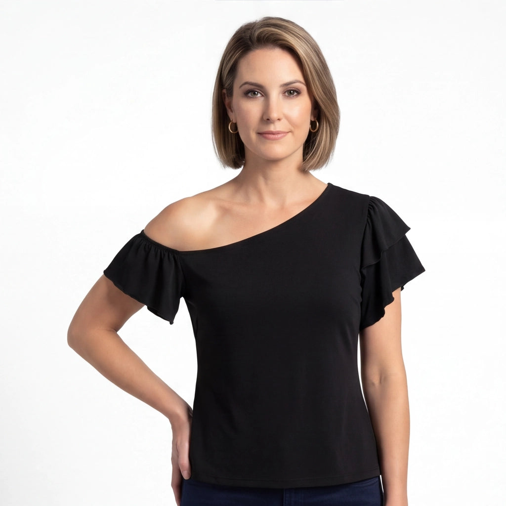 Black Sloane Ruffle Asymmetric Top 2