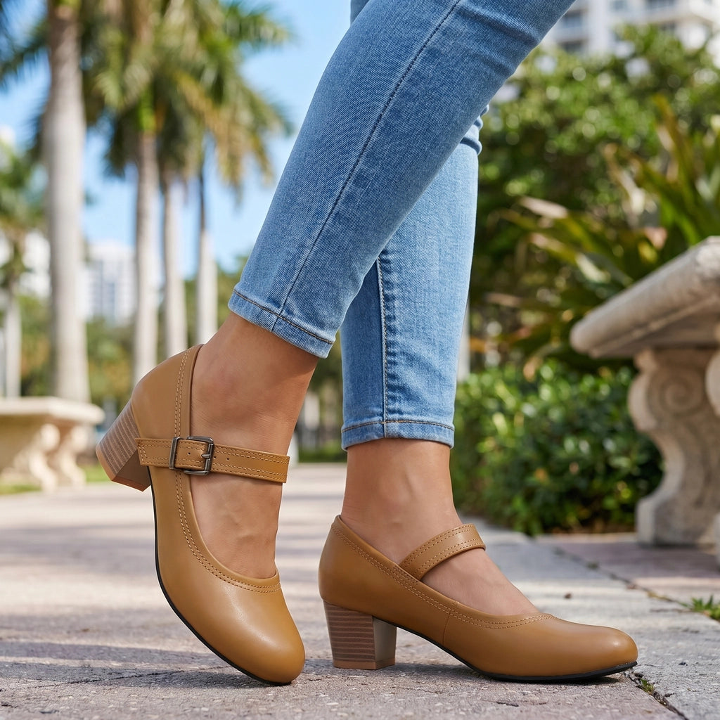 Tan Gresham Buckle Strap Pumps 1