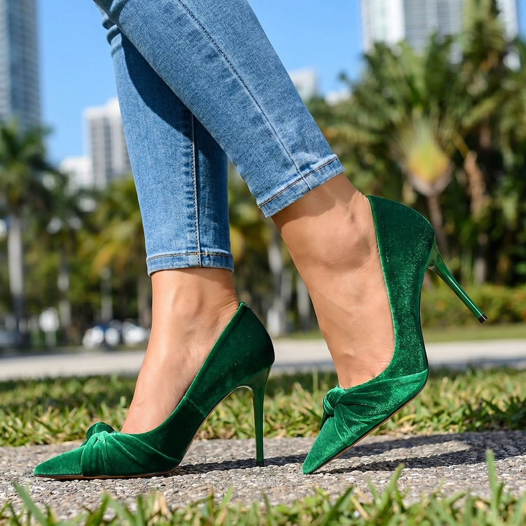 Green Wren Bow Pointed Stilettos 1