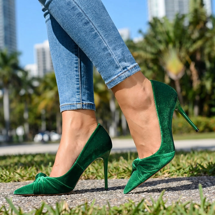 Green Wren Bow Pointed Stilettos 1