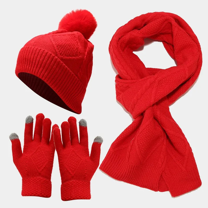 Abbey | Women's Knitted Winter Scarf Matching Set - Color:Red