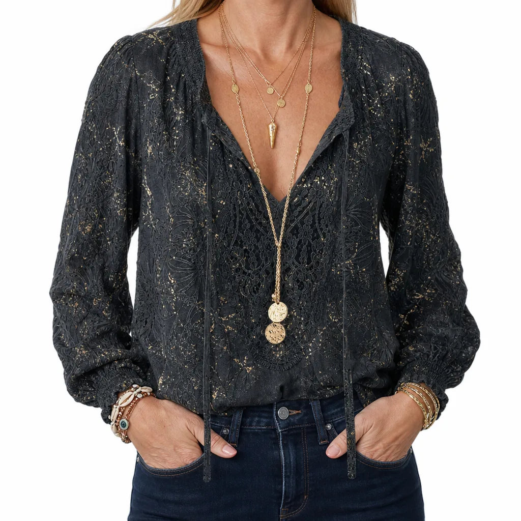 Adalyn Lace V-Neck Blouse - Color:Black;Size:XS