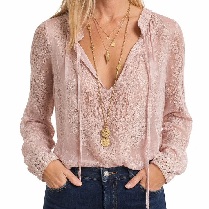 Adalyn Lace V-Neck Blouse - Color:Pink;Size:XS