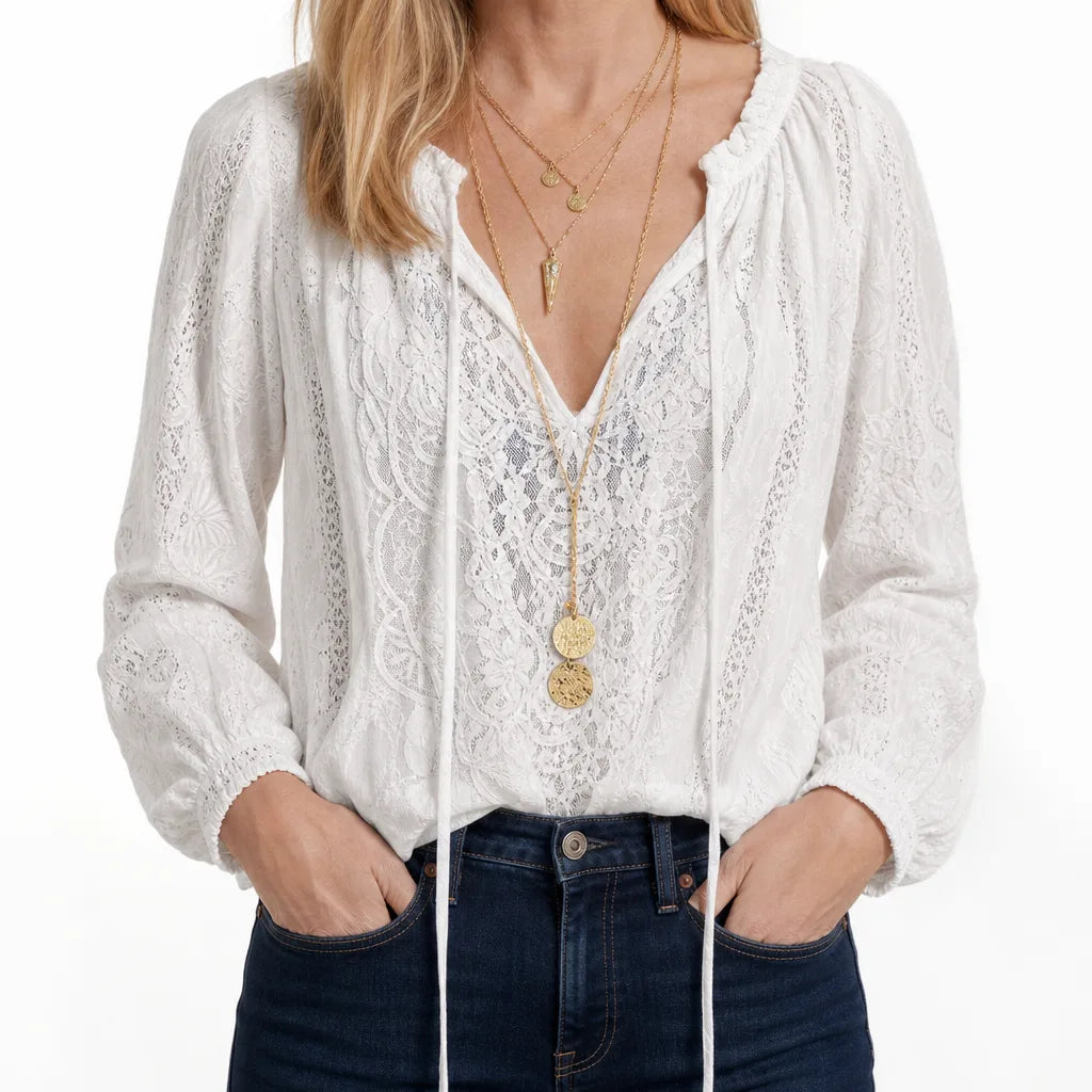 Adalyn Lace V-Neck Blouse - Color:White;Size:XS