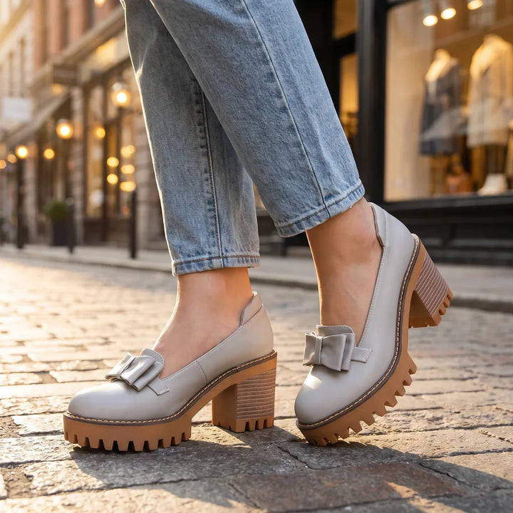Women's Gray Adelaide Bow Platform Pumps