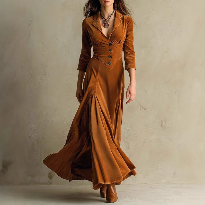 Alanna | Women's Tailored Long Sleeve Maxi Dress  - Color:Brown;Size:S
