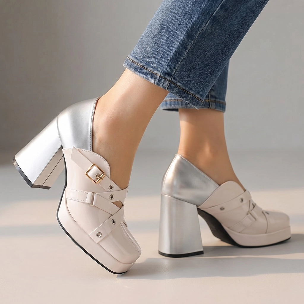 Aleesha Block Heels - Color:Beige;Size:35