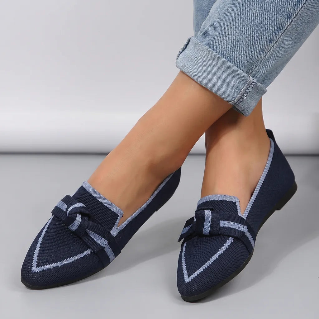 Alena Bow Knit Flats - Color:Blue;Size:36