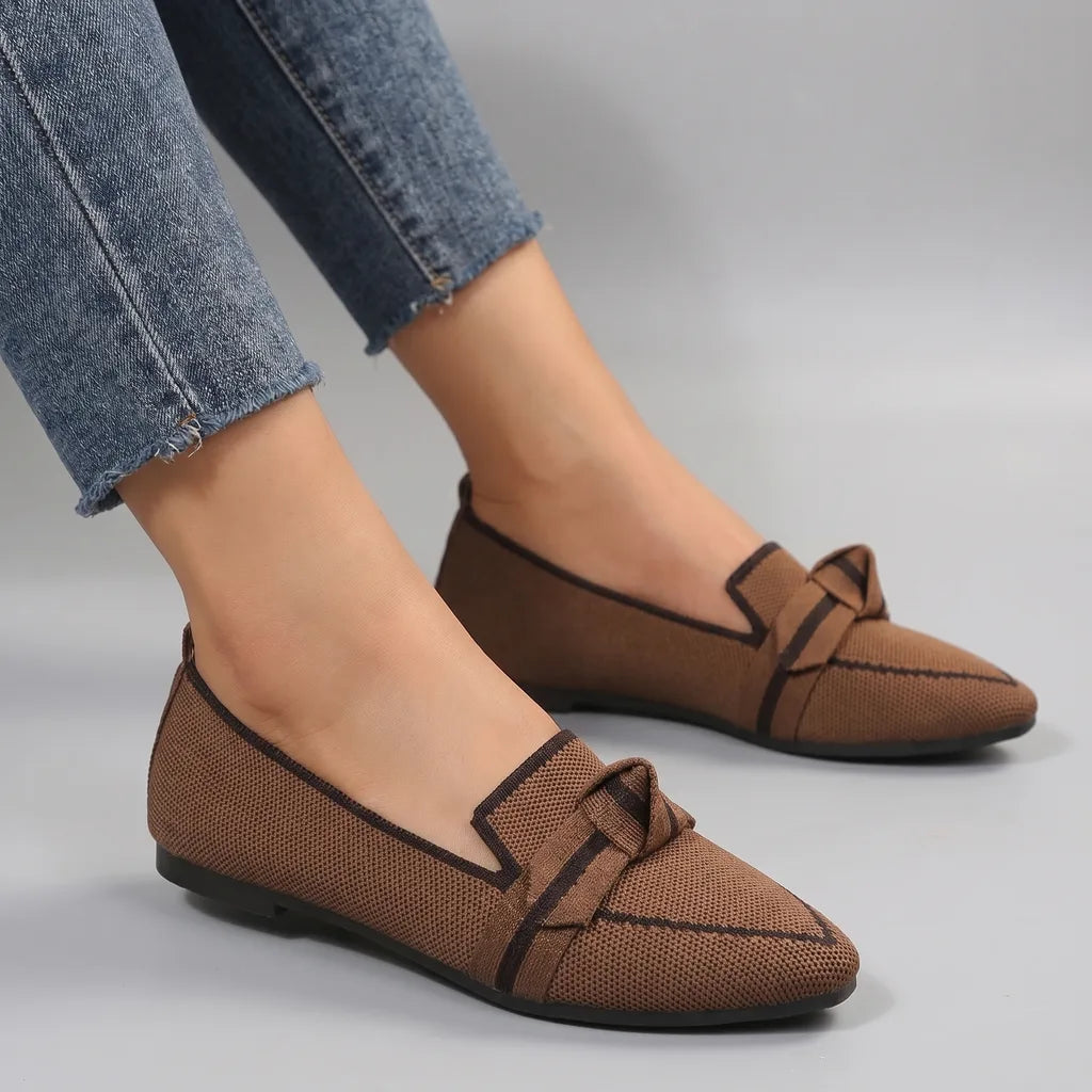 Alena Bow Knit Flats - Color:Brown;Size:36