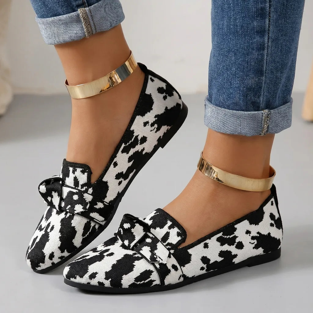 Alena Bow Knit Flats - Color:Cow Print;Size:36