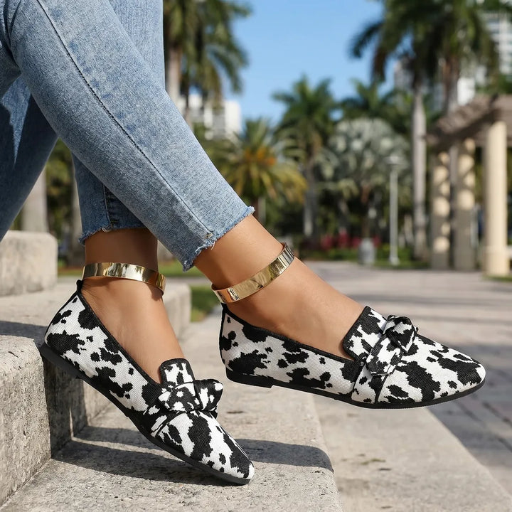 Cow Print Aria Bow Knit Flats 1