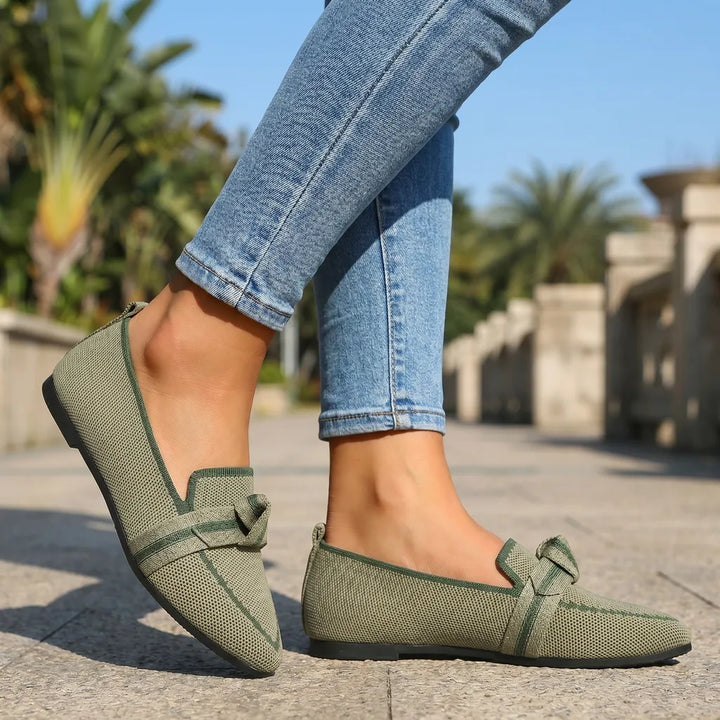 Army Green Aria Bow Knit Flats 1