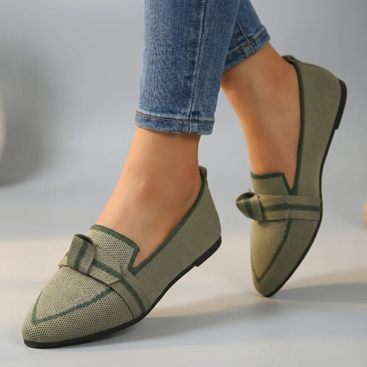 Alena Bow Knit Flats - Color:Green;Size:36
