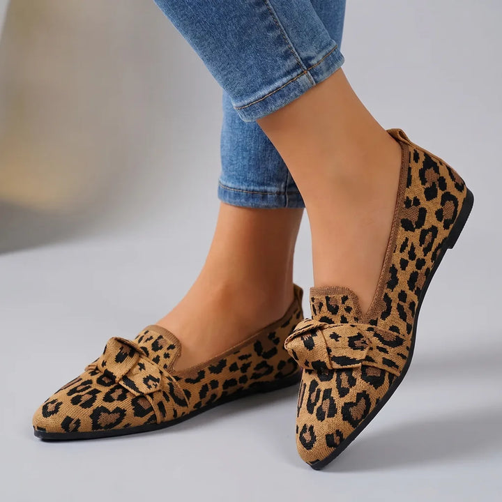 Alena Bow Knit Flats - Color:Leopard;Size:36