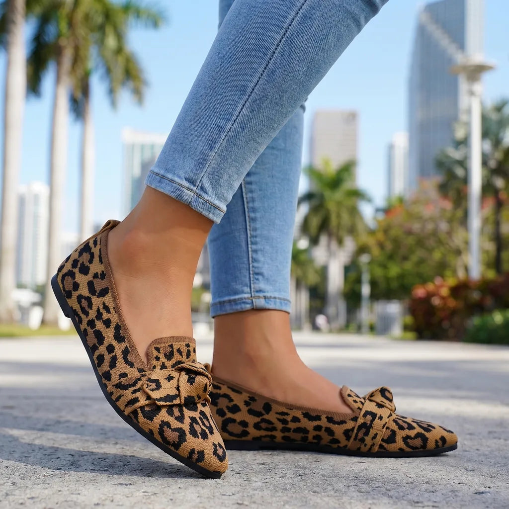 Leopard Aria Bow Knit Flats 1