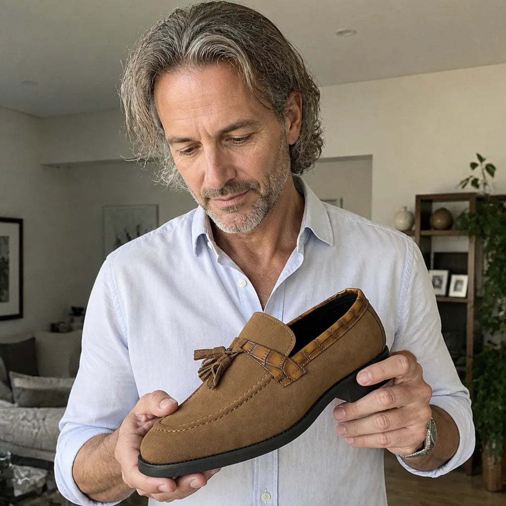 Man holding Alessandro Italian leather loafers for men