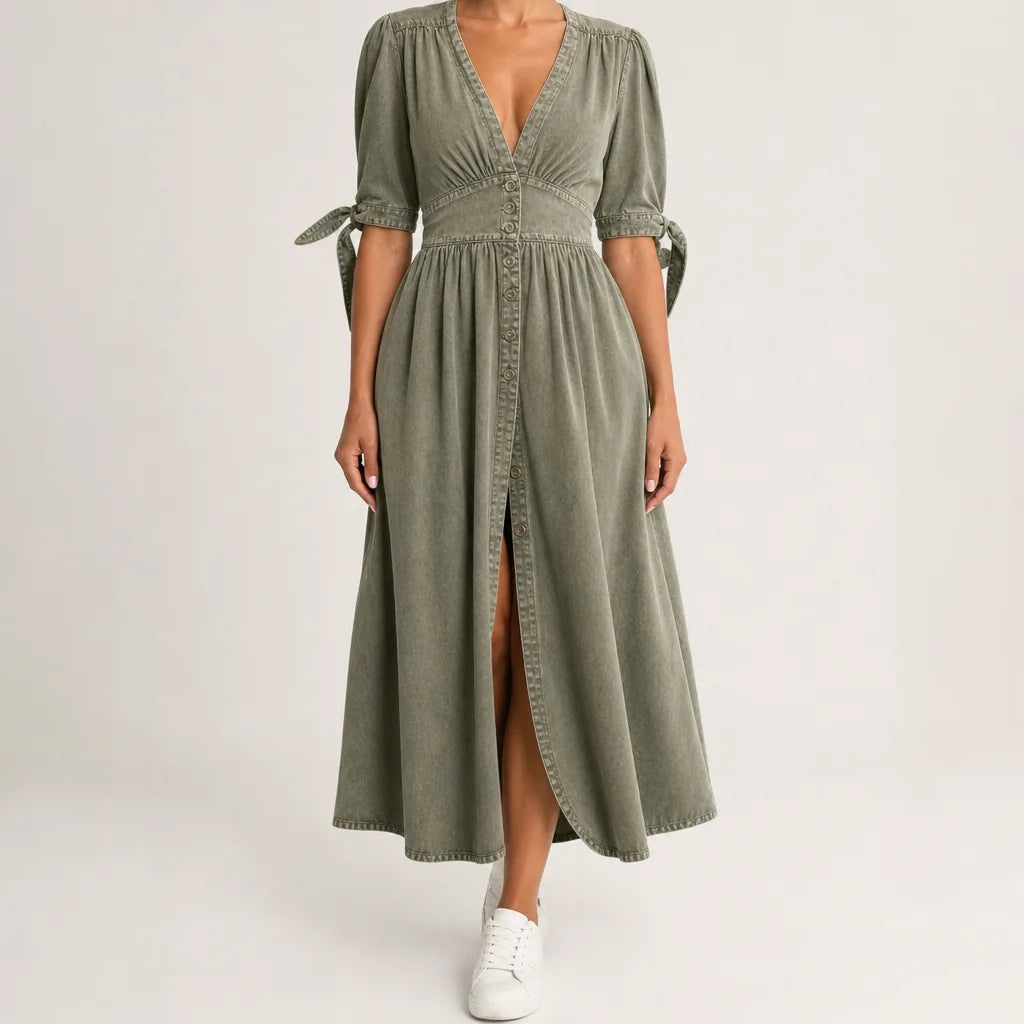 Alice | Women's Fall Denim Shirt Dress - Color:Green;Size:XS