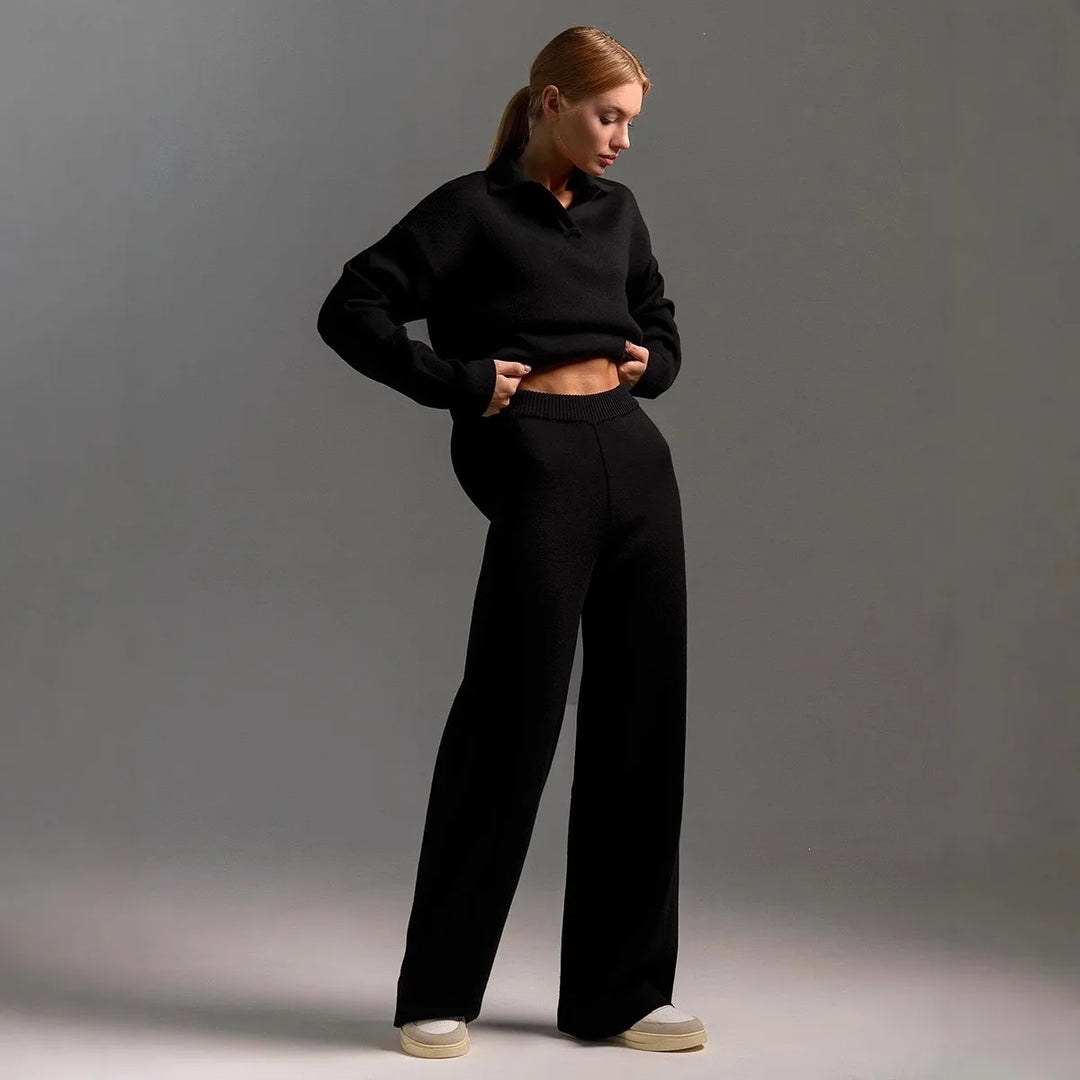Amber | Women's Polo Sweater and Wide-Leg Pants Set   - Size:XS;Color:Black
