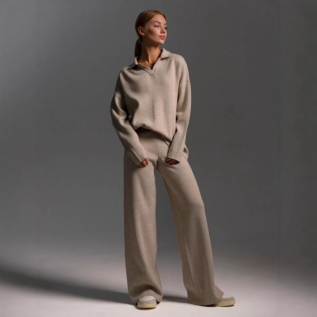 Amber | Women's Polo Sweater and Wide-Leg Pants Set   - Size:XS;Color:Cream