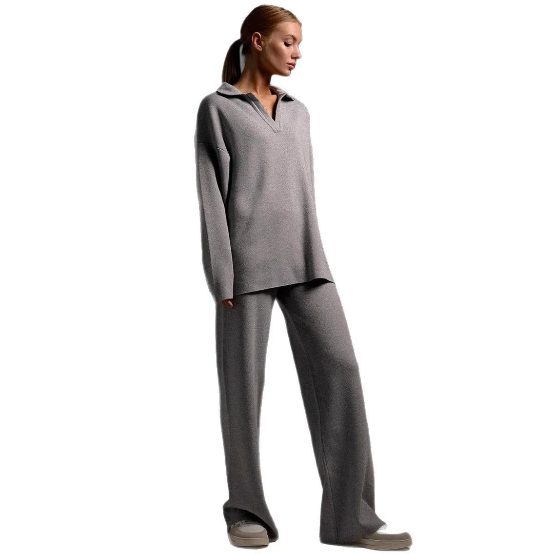 Amber | Women's Polo Sweater and Wide-Leg Pants Set   - Size:XS;Color:Gray