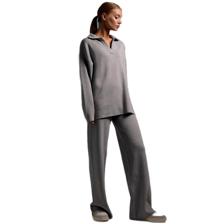 Amber | Women's Polo Sweater and Wide-Leg Pants Set   - Size:XS;Color:Gray