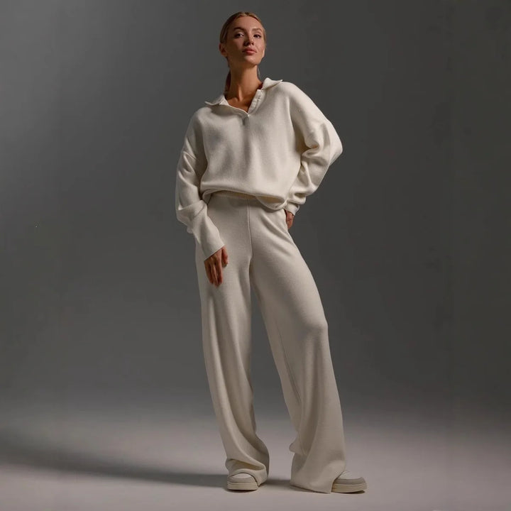 Amber | Women's Polo Sweater and Wide-Leg Pants Set   - Size:XS;Color:White