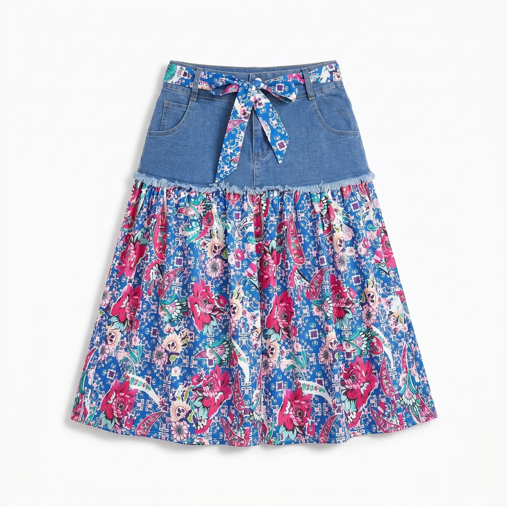 Amelia Denim Floral Skirt - Color:Blue;Size:XL