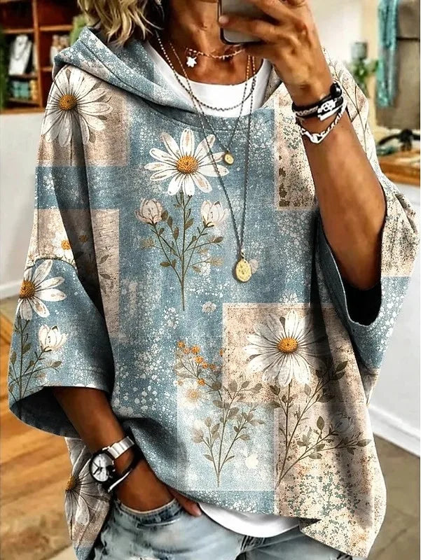 Amelie | Women's Floral Hoodie Sweater - Size:XS;Color:Blue
