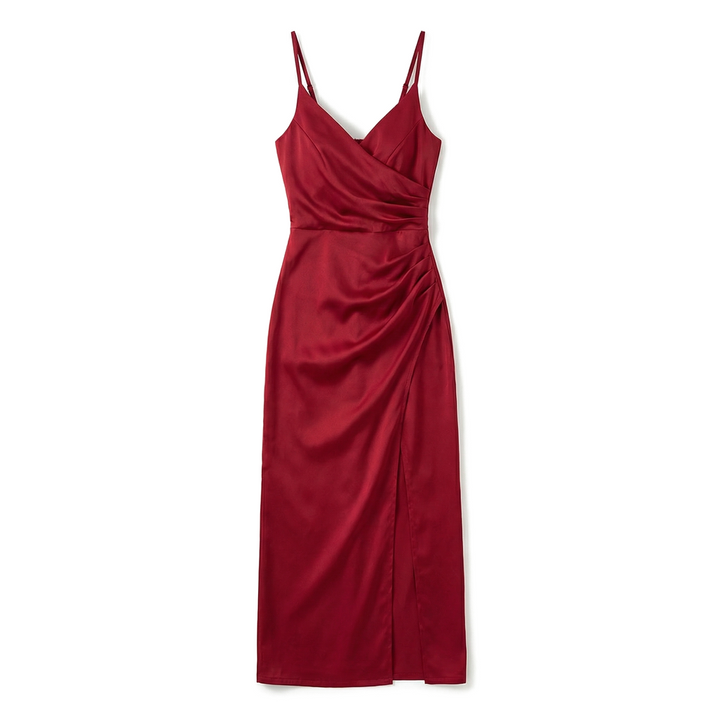 Amirah Ruched Silk Dress - Color:Wine Red;Size:XS