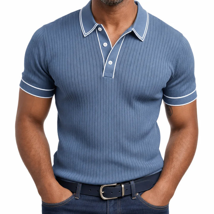 Amos | Men's Fall Knit Polo Shirt - Color:Blue;Size:XS