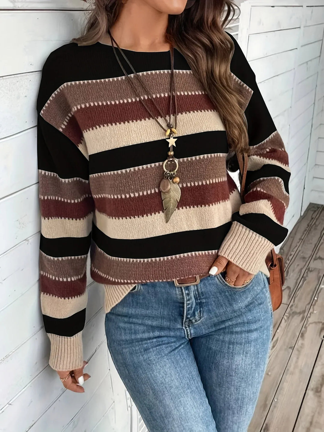 Anneliese | Women's Cozy Striped Round-Neck Sweater - Color:Black;Size:XS